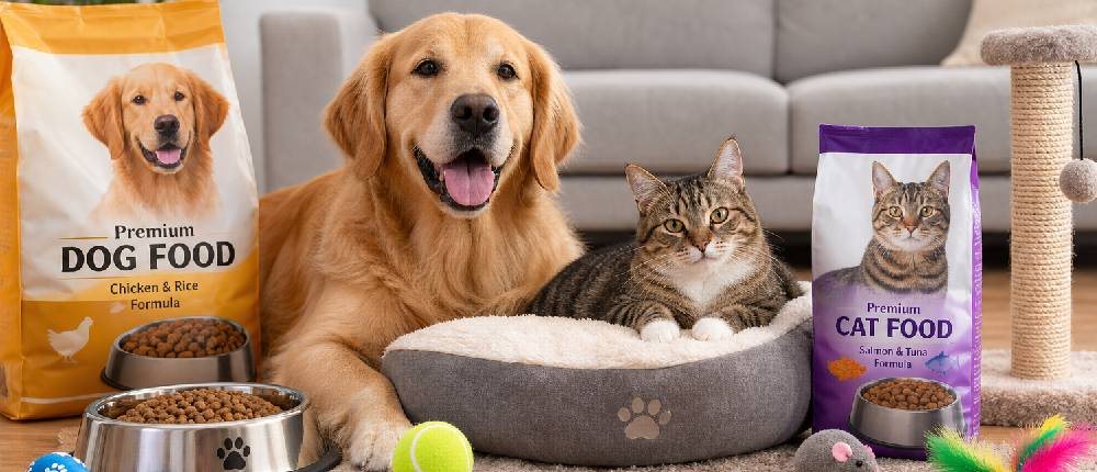 A dog and a cat resting on a pet bed